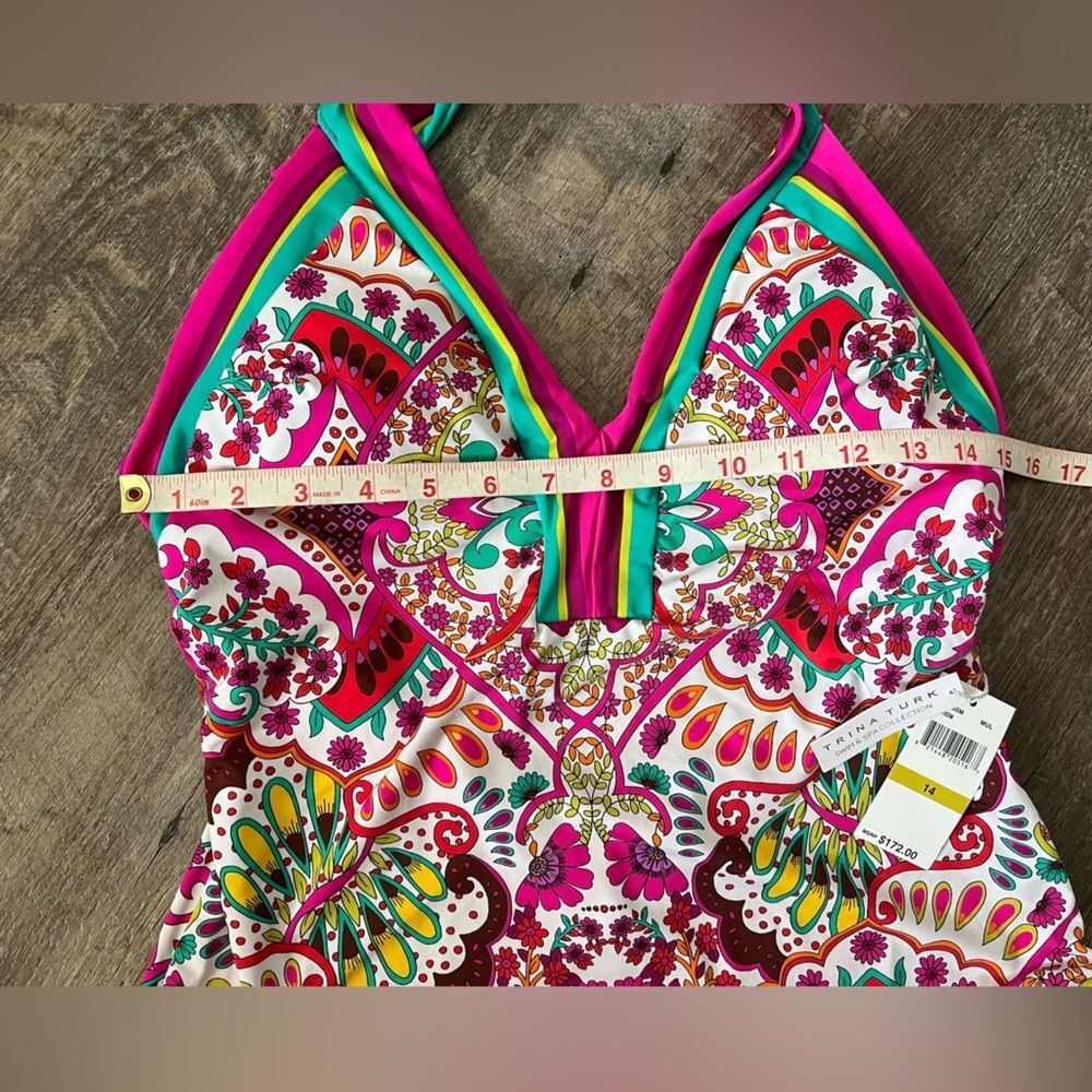 NWT Trina Turk Hawaiian Garden Border Halter Plunge One Piece Swimsuit-Size 14 - Picture 6 of 9